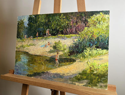 Vibrant impressionist oil painting Summer vacation on the river by Boris Serdyuk