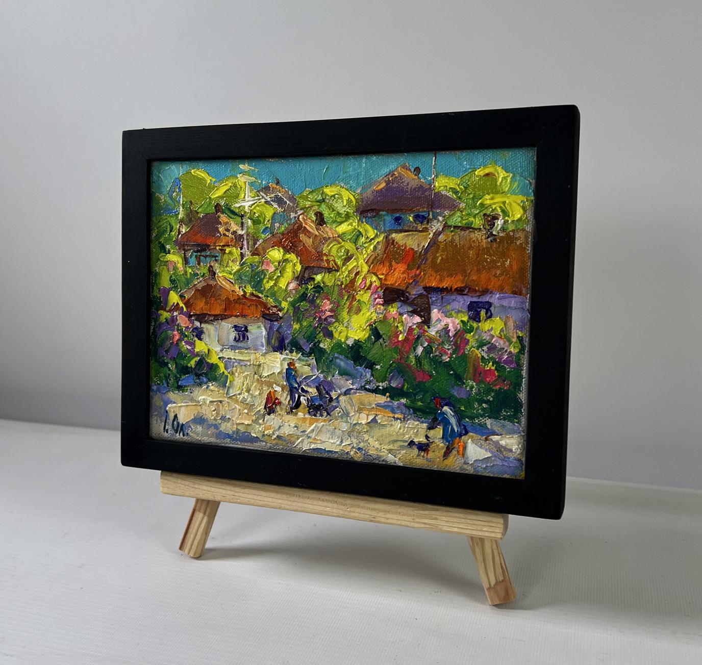 Vibrant impressionist oil painting Bloom and Light Between Buildings by Oleksiy Ivanyuk in black frame