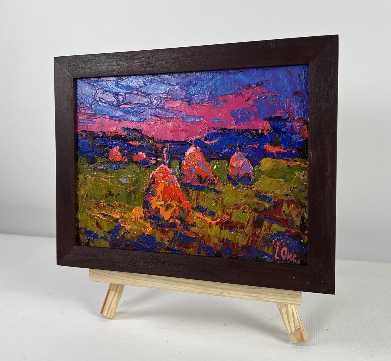 Oil painting Evening silence in the field by Oksana Ivanyuk hay bales art