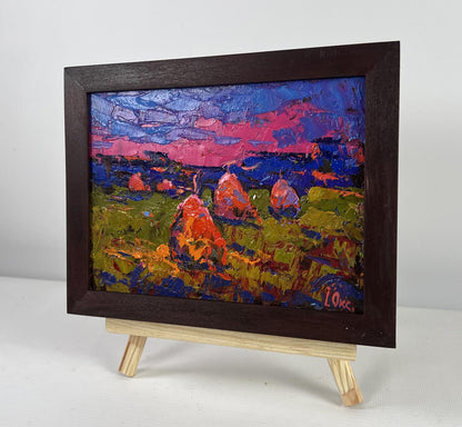 Oil painting Evening silence in the field by Oksana Ivanyuk hay bales art