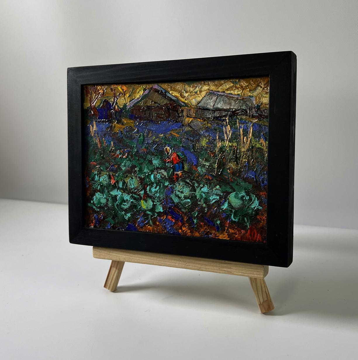 Oil painting of village evening garden by Oleksiy Ivanyuk in black frame