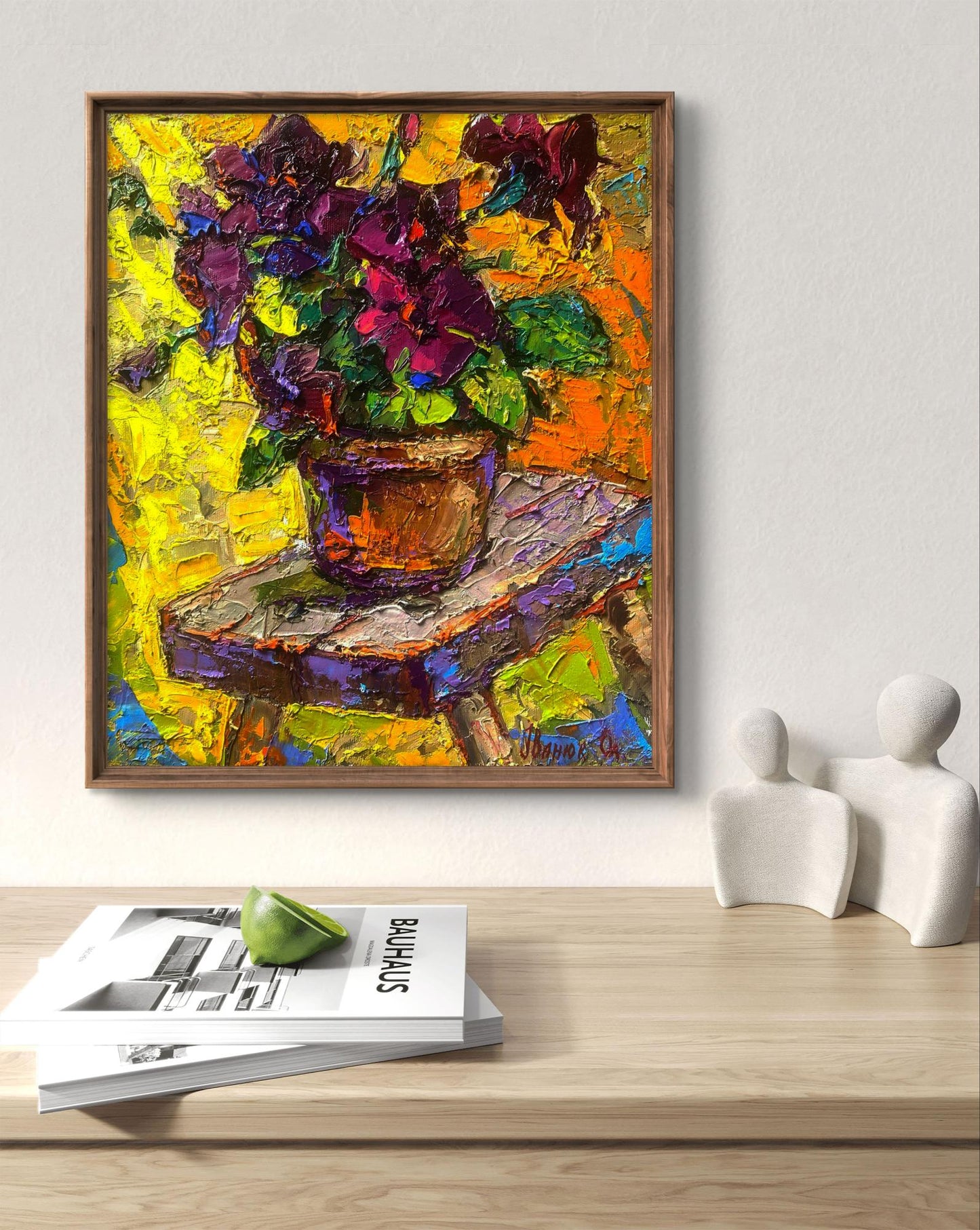 Vibrant impressionist oil painting of gentle petunias in terracotta pot by Oleksiy Ivanyuk