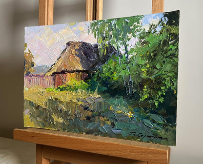 Oil painting of Boris Serdyuk house in field, textured thatched cottage among trees