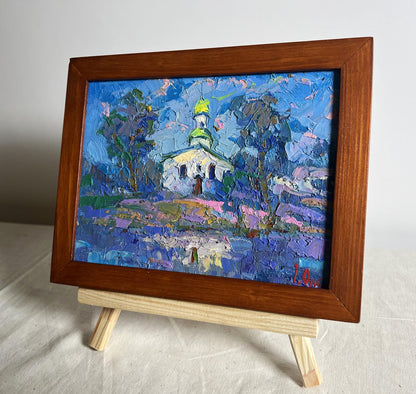 Vibrant impressionist oil painting Early in the morning at church by Oksana Ivanyuk