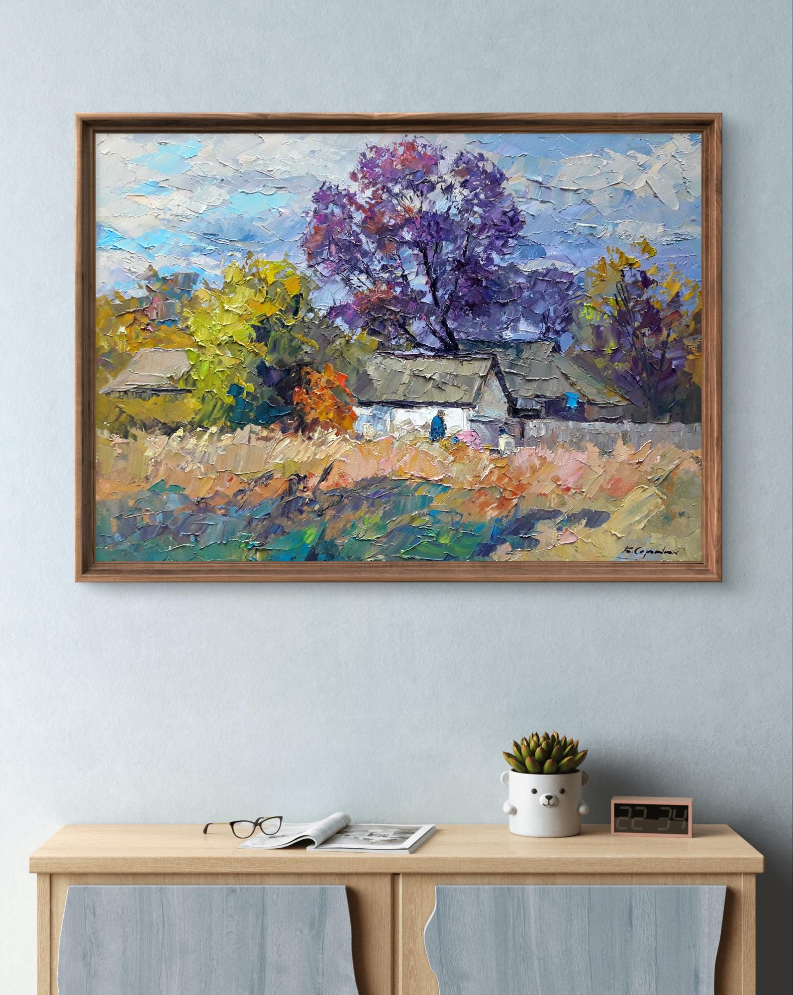 Oil painting Autumn chores by Boris Serdyuk, impressionist autumn landscape