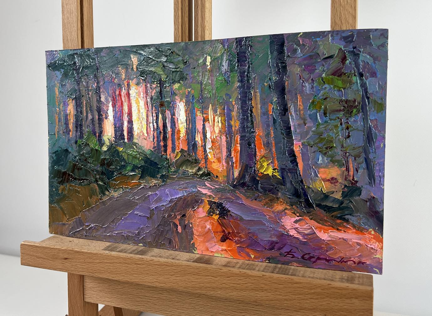 Vibrant impressionist oil painting of forest path at summer sunrise by Boris Serdyuk