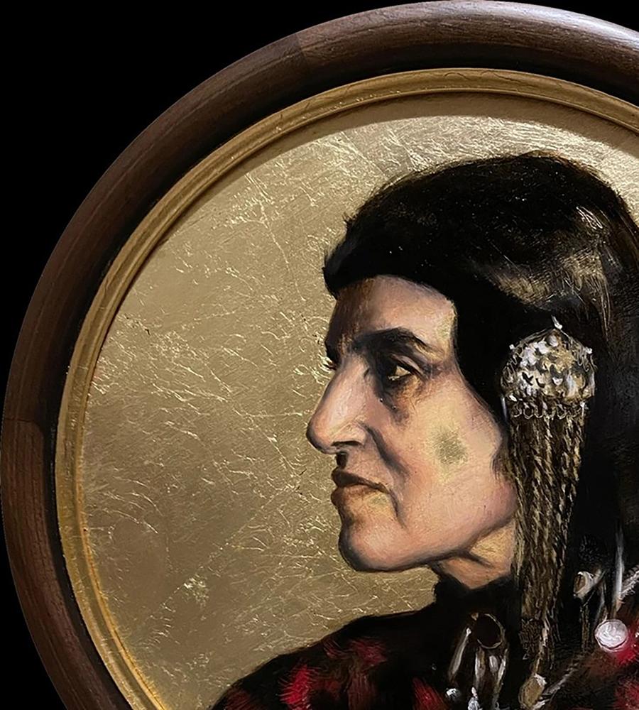 Oil painting portrait of Armenian woman Annam Butt with silver crystal ear ornament