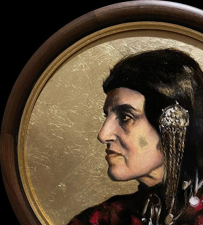 Oil painting portrait of Armenian woman Annam Butt with silver crystal ear ornament