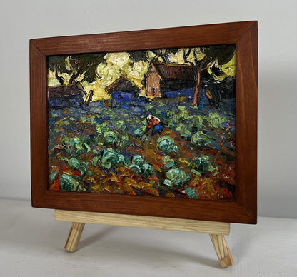 Oleksiy Ivanyuk oil painting of cabbage planting in vibrant farm scene