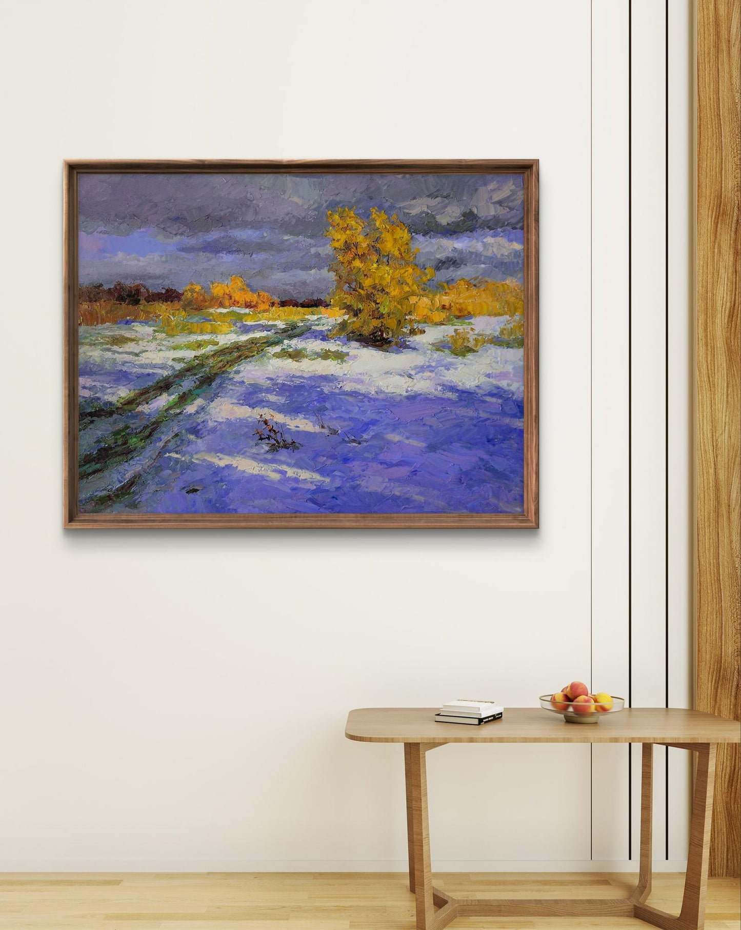 Oil painting Unexpected Snow by Boris Serdyuk in wooden frame