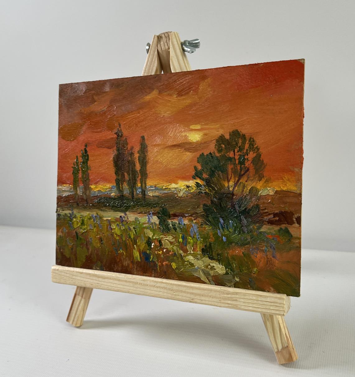 Miniature oil painting Evening moment by Yuriy Suprunchuk on easel