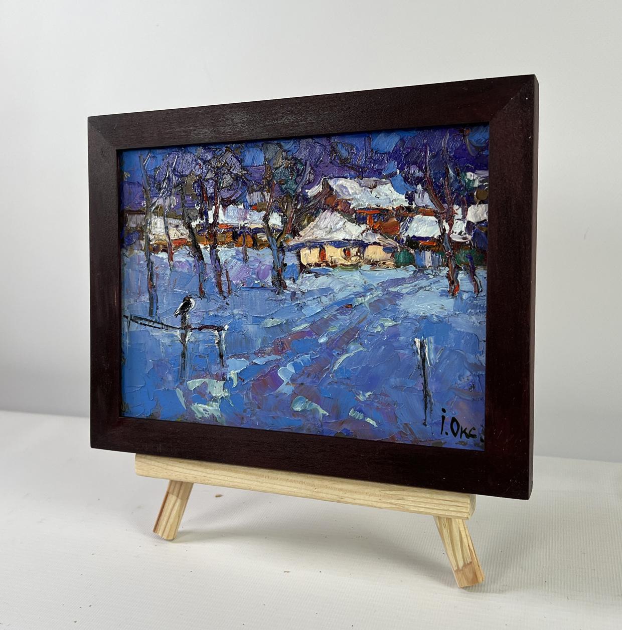 Oil painting Moonlight winter light by Oksana Ivanyuk, framed snowy landscape