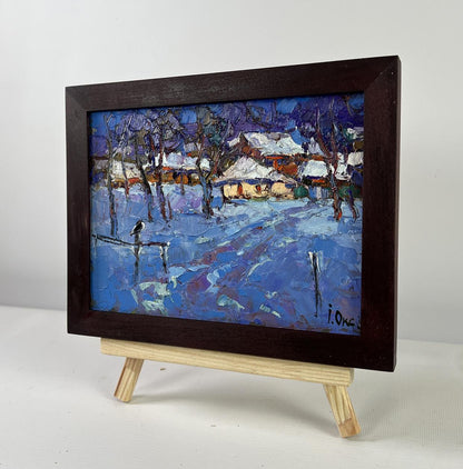 Oil painting Moonlight winter light by Oksana Ivanyuk, framed snowy landscape
