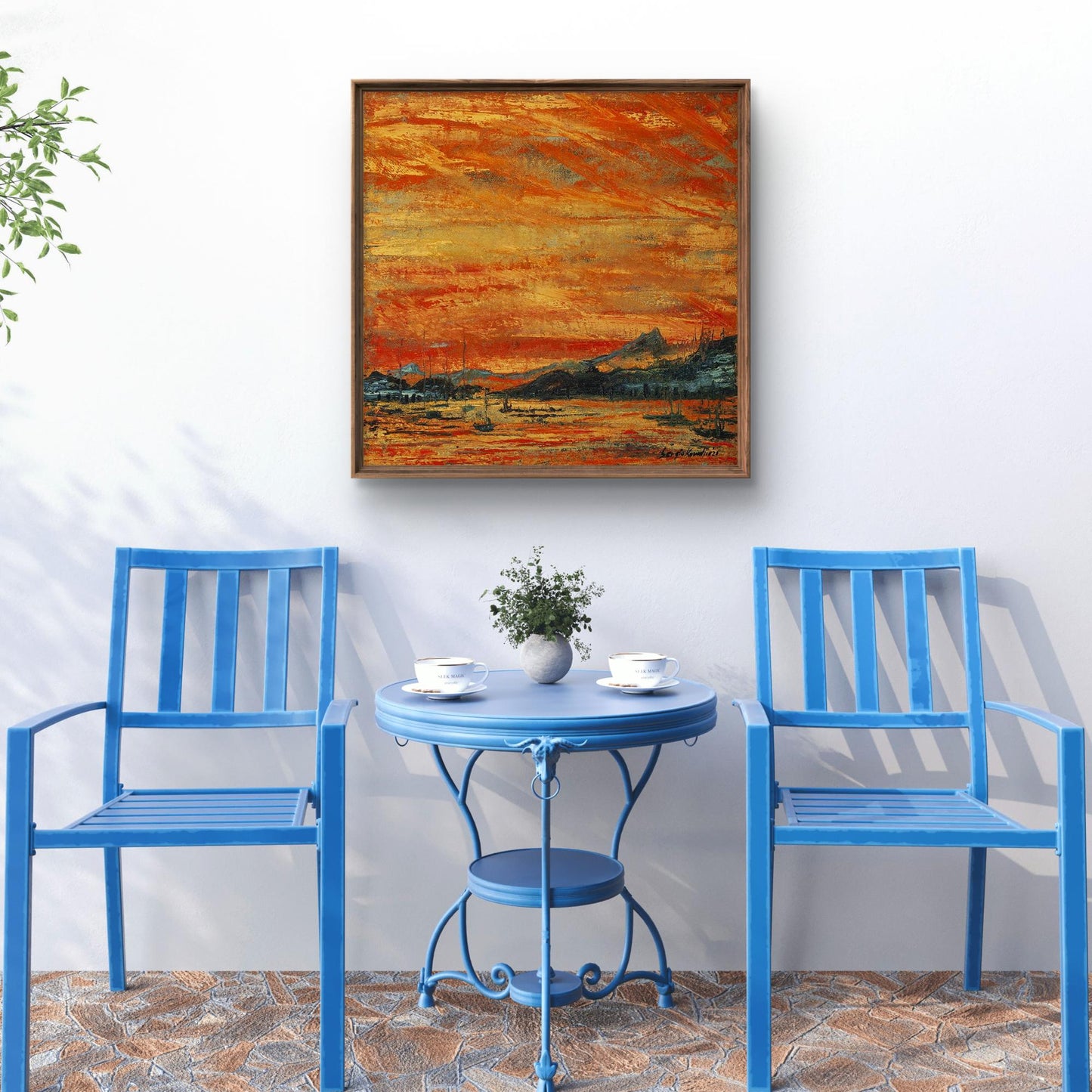 Blue metal patio table with ornate scrollwork legs and shelf by Serhiy Kovalev