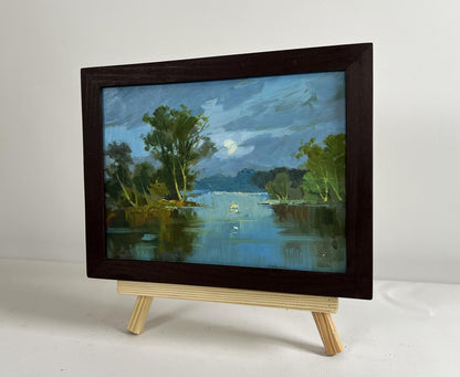 Oil painting Peace and Quiet in Nature by Yuriy Suprunchuk moonlit lake scene