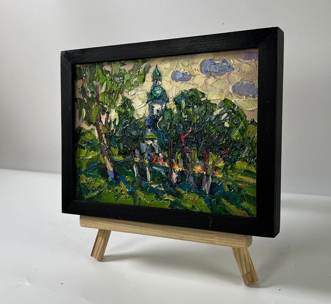 Oil painting Morning Church by Oksana Ivanyuk green landscape impasto