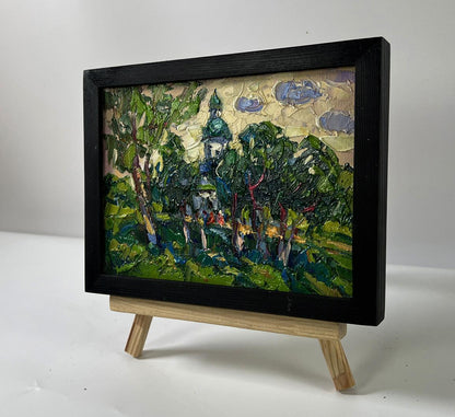 Oil painting Morning Church by Oksana Ivanyuk green landscape impasto