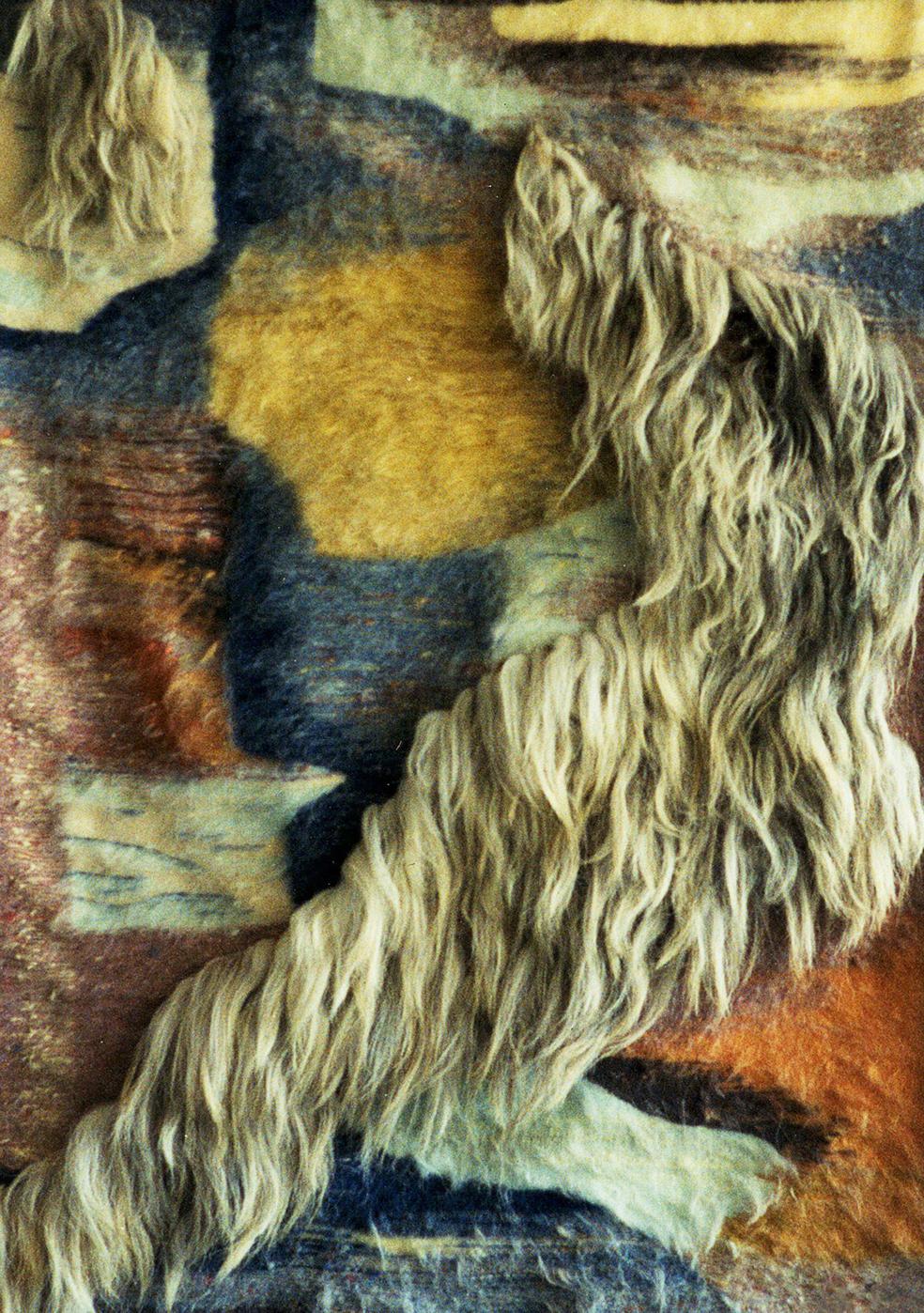 Handmade Autumn Night tapestry by Vasily Korkishko with beige woolly strand