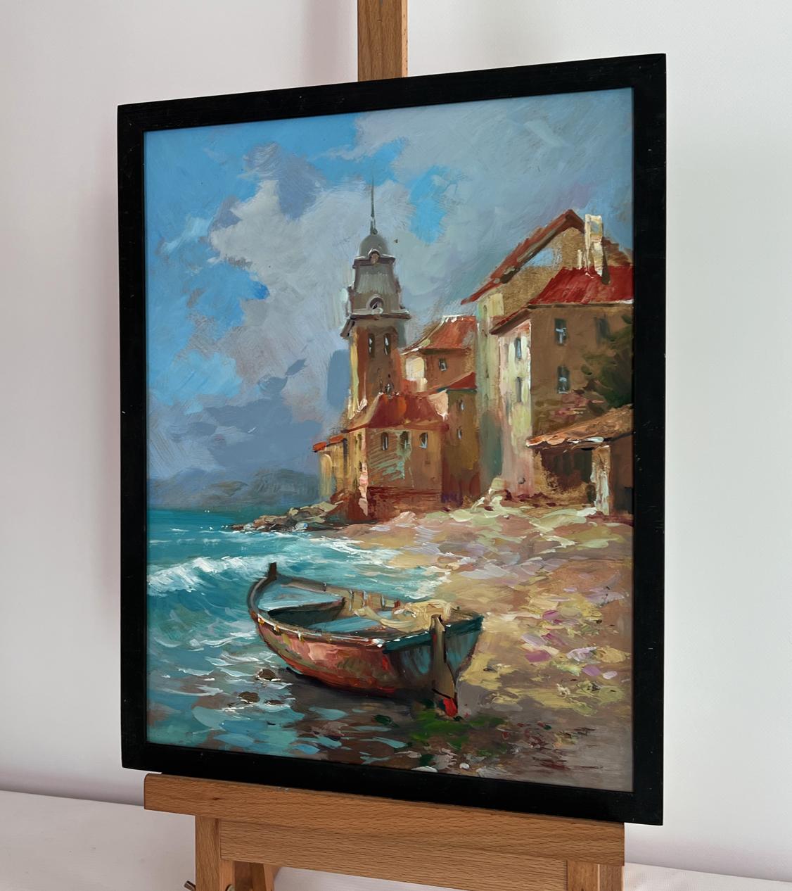 Oil painting of quiet pier near Yuriy Suprunchuk city village
