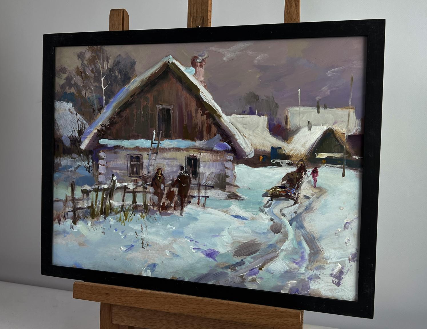 Oil painting by Yuriy Suprunchuk: busy snowy winter village street