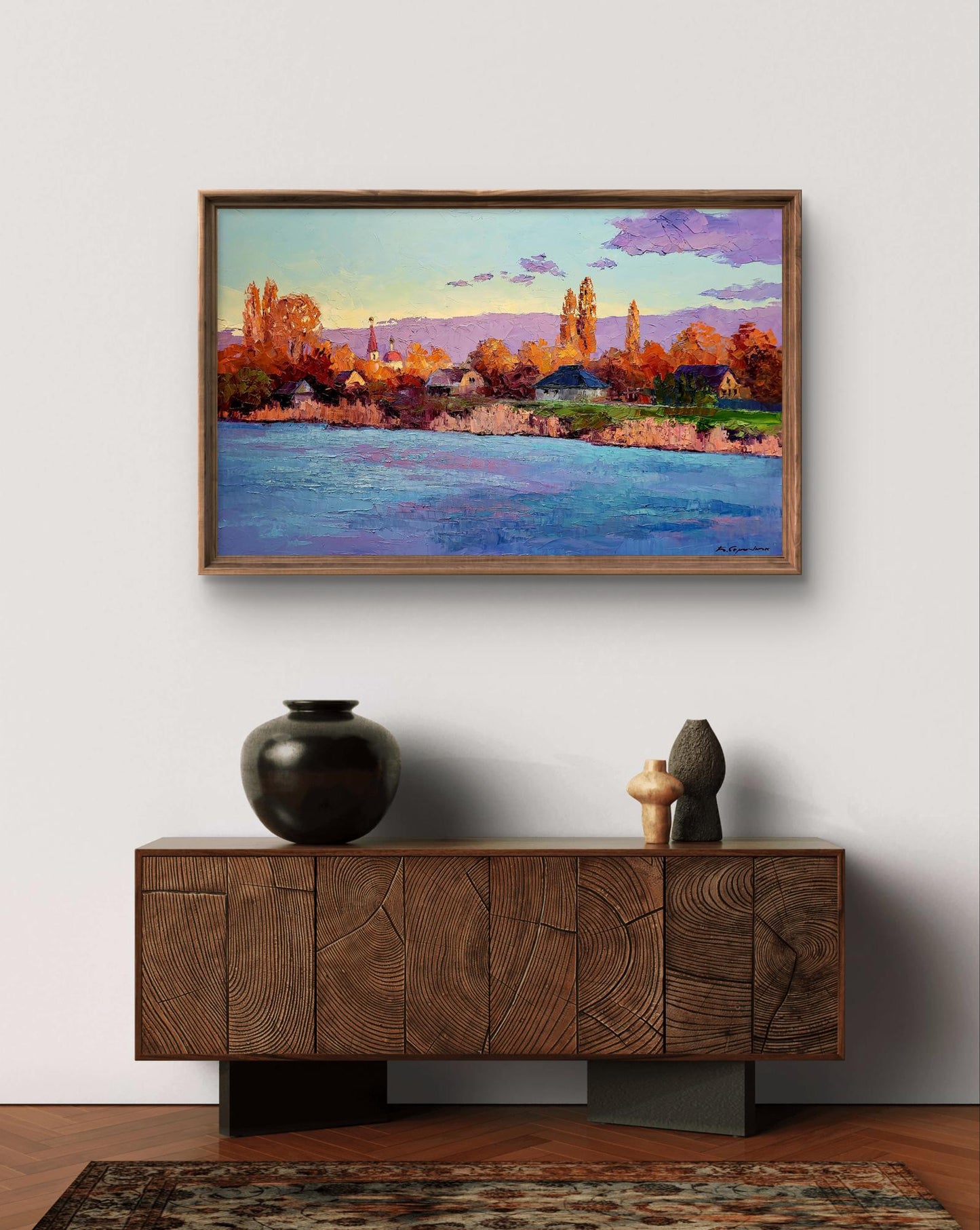 Oil painting Behind the River by Boris Serdyuk in rustic frame