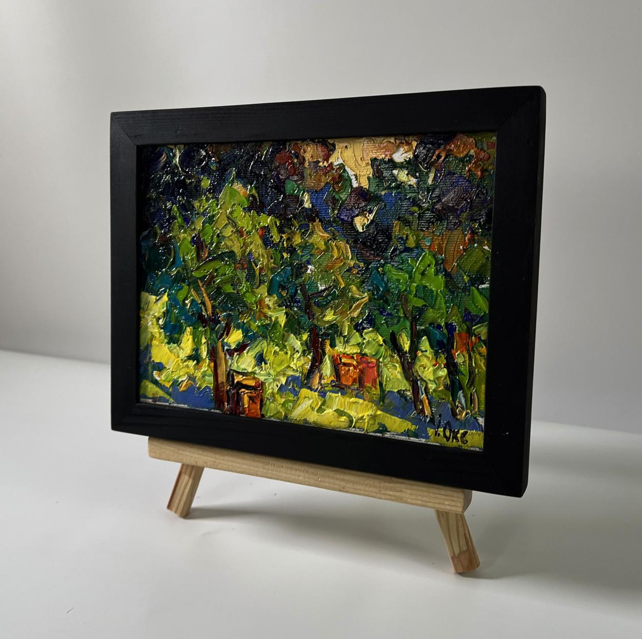 Oil painting Apiary in the forest by Oksana Ivanyuk, impressionist trees in black frame