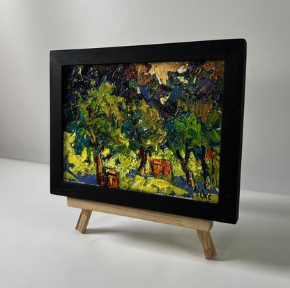 Oil painting Apiary in the forest by Oksana Ivanyuk, impressionist trees in black frame