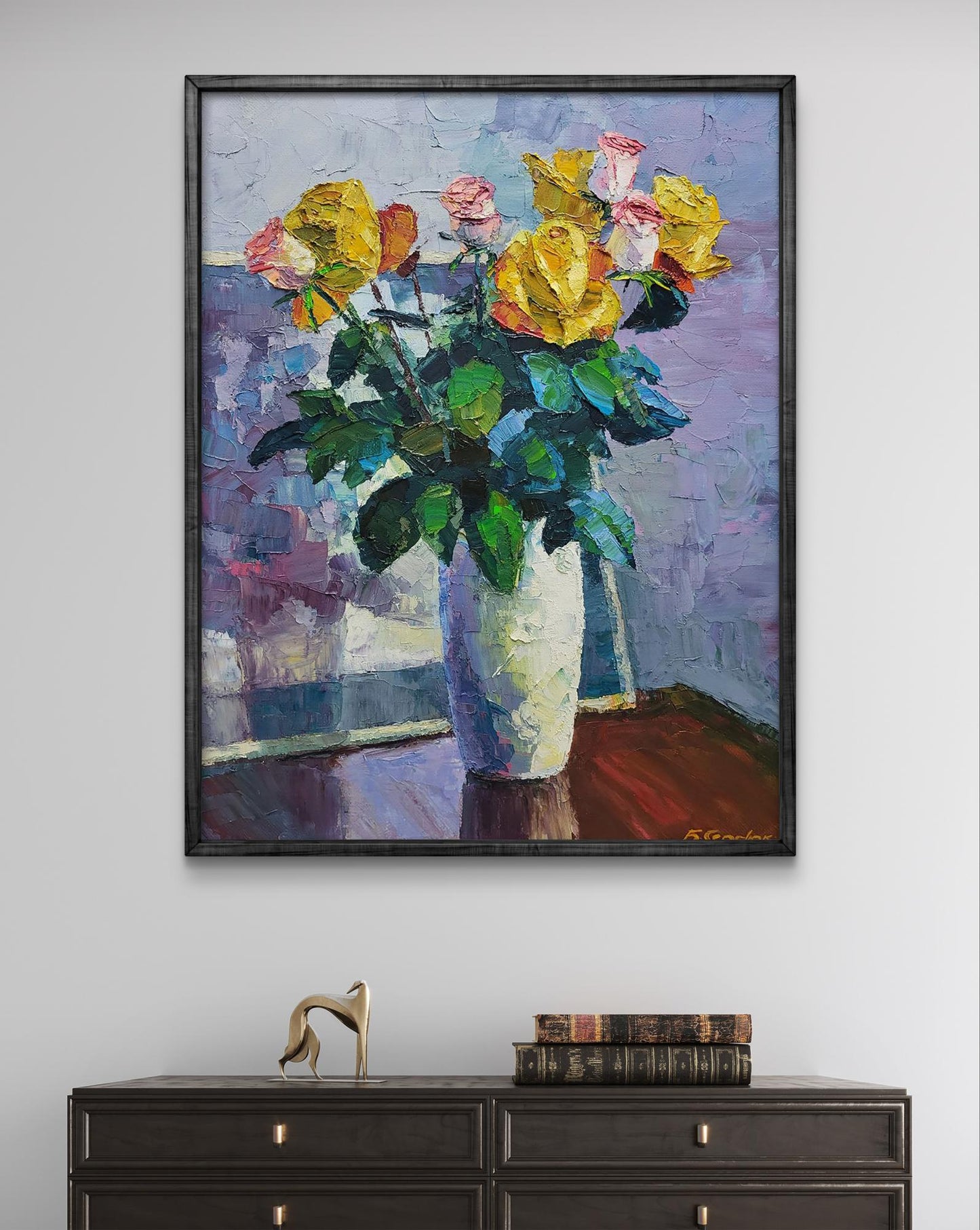 Oil painting Roses Boris Serdyuk: vibrant yellow pink roses in white vase