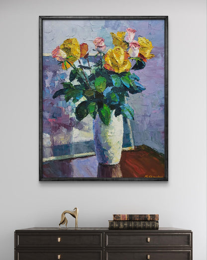 Oil painting Roses Boris Serdyuk: vibrant yellow pink roses in white vase