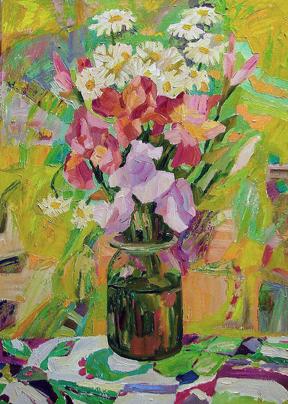 Oil painting of vibrant pink purple white spring bouquet by Tatyana Shulyak