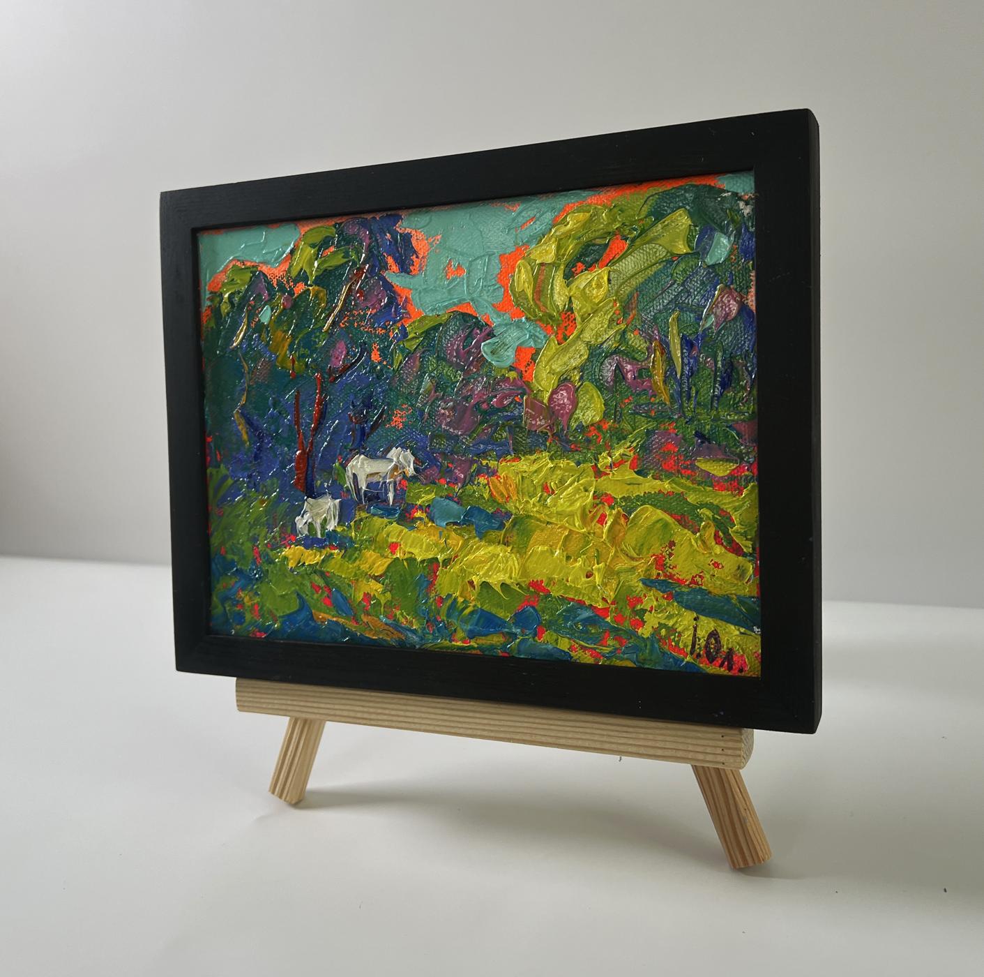 Oil painting of white horses in forest by Oleksiy Ivanyuk in black frame