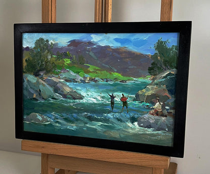 Oil painting River in the Mountains by Yuriy Suprunchuk in black frame