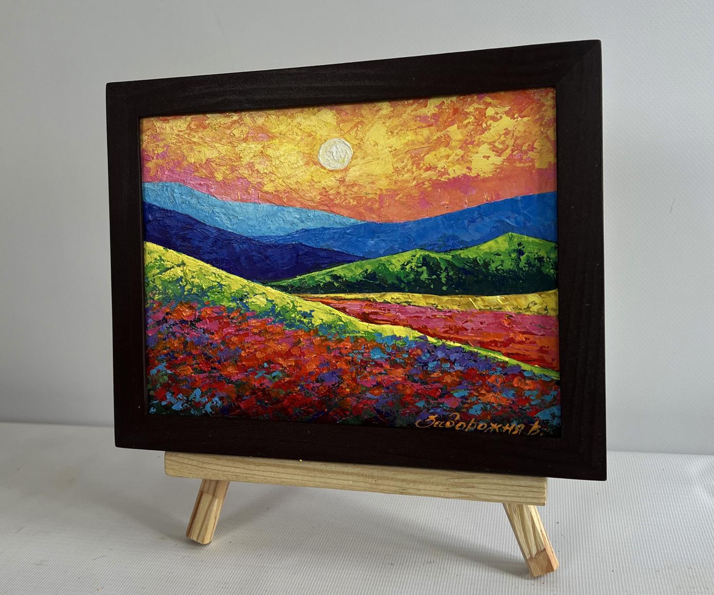 Oil painting Evening sunset in mountain valley by V. Zadorozhnya in wooden frame