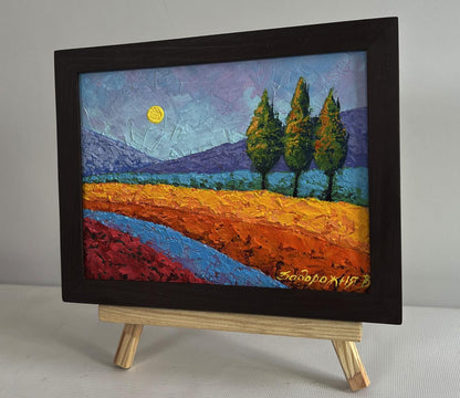 Oil painting Three Trees in a Field by V. Zadorozhnya in brown frame