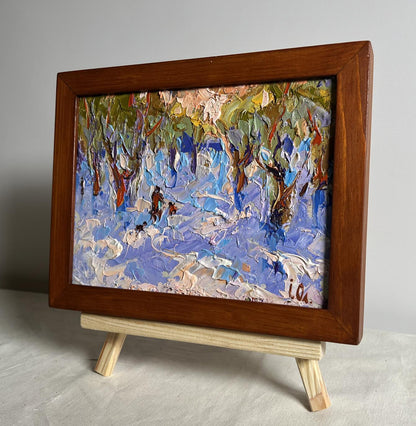 Vibrant impressionist oil painting of snowy winter forest park by Oleksiy Ivanyuk, framed