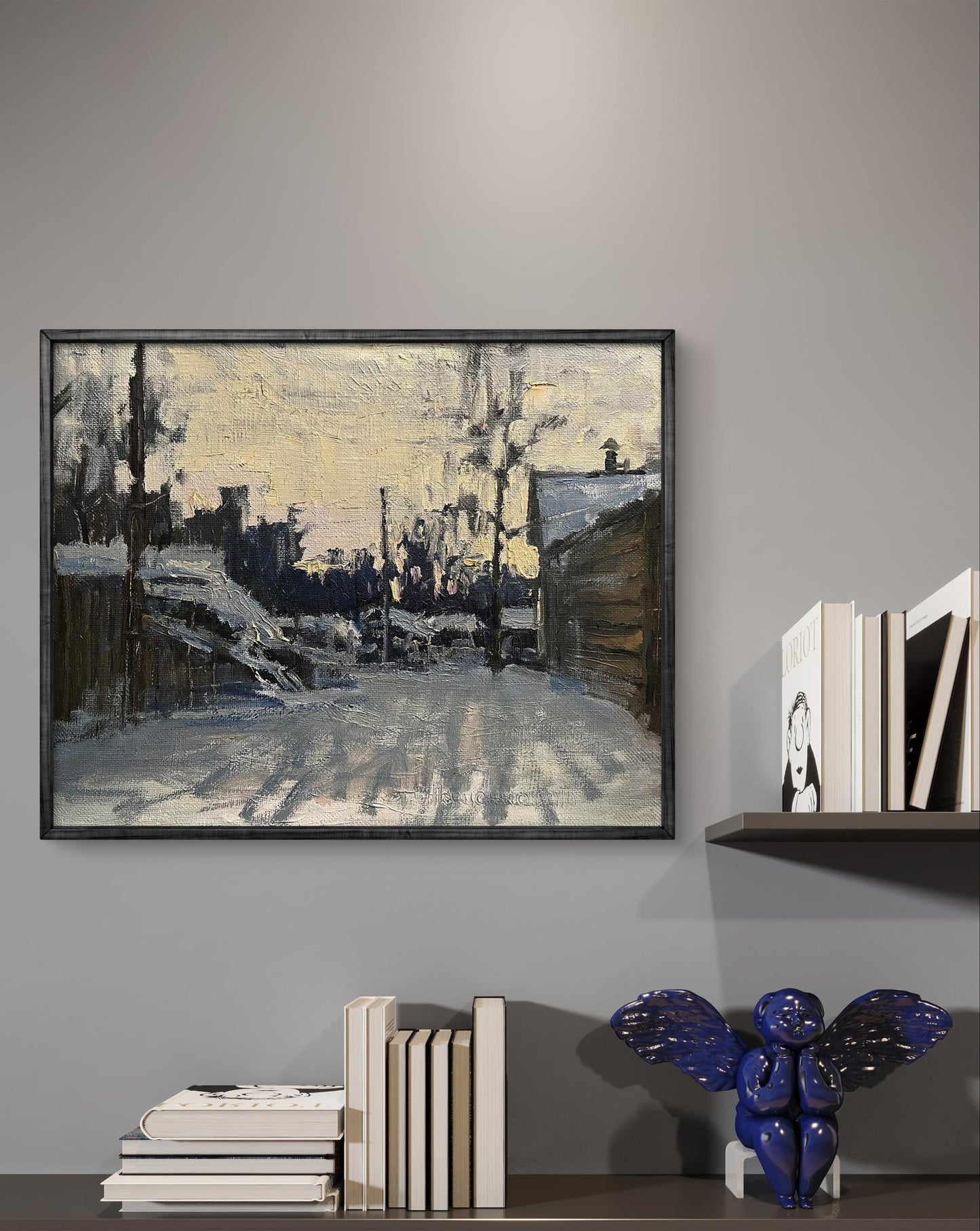 Framed oil painting Gentle Snow by Volodymyr Pashchenko in muted blues