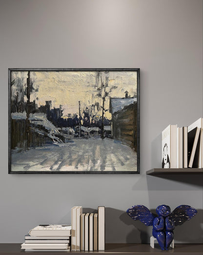 Framed oil painting Gentle Snow by Volodymyr Pashchenko in muted blues