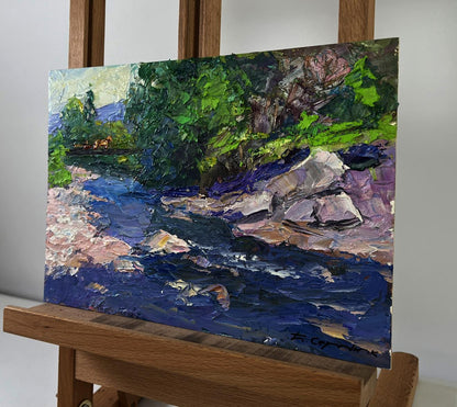 Vibrant impasto oil painting of mountain river descending through forest by Boris Serdyuk