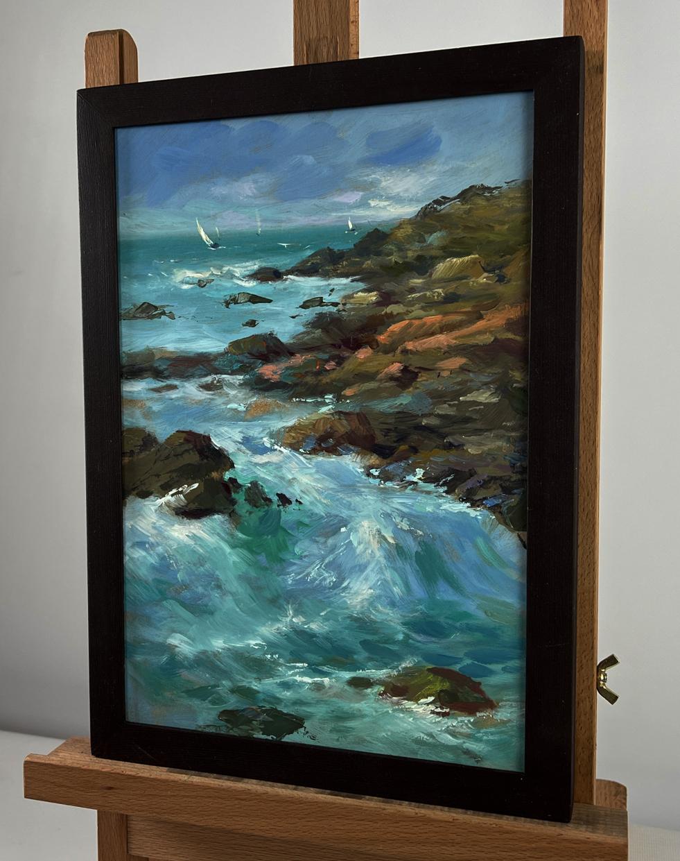 Framed oil painting by Yuriy Suprunchuk: turbulent turquoise waves, rocky shores, distant sailboats