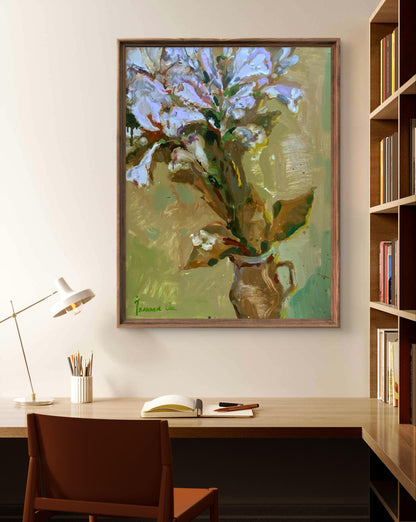 Framed impressionistic oil painting Flowers in a Jar by Oksana Ivanyuk