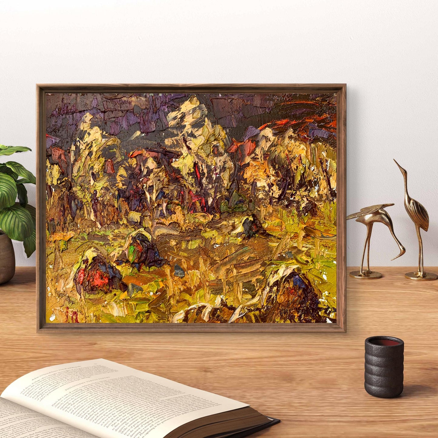 Framed Oil painting After haymaking by Ivanyuk Oleksiy, abstract yellow orange textures