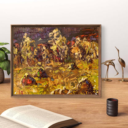 Framed Oil painting After haymaking by Ivanyuk Oleksiy, abstract yellow orange textures