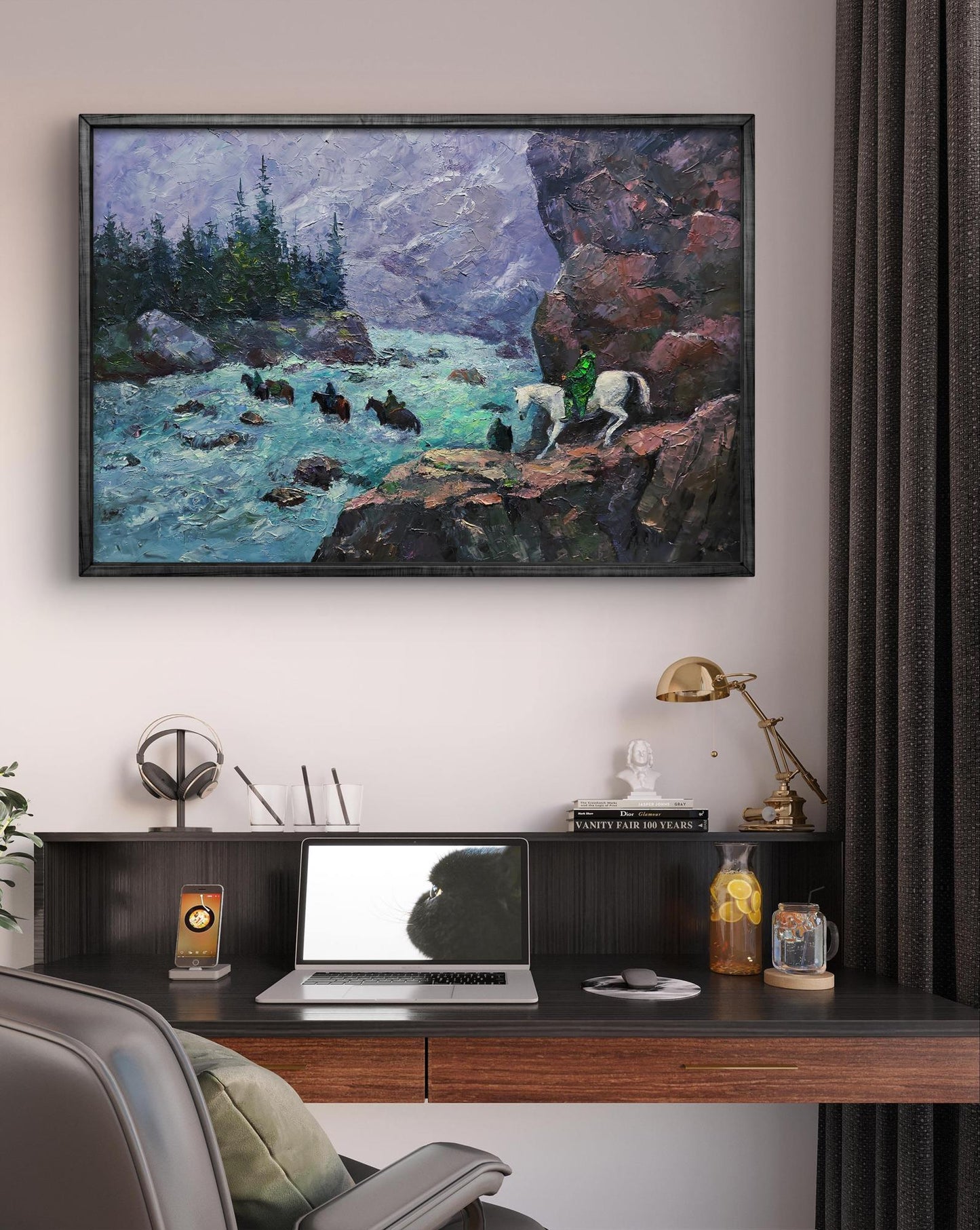 Oil painting Dangerous stream in the mountains by Boris Serdyuk, teal river horses rocks