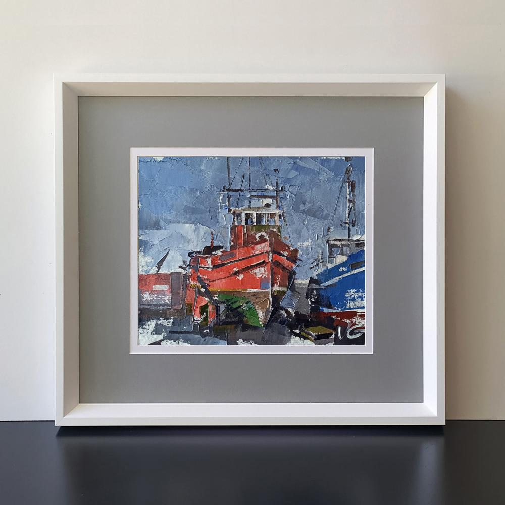 Framed oil painting of red blue ships in port by Volodymyr Gluhomanyuk