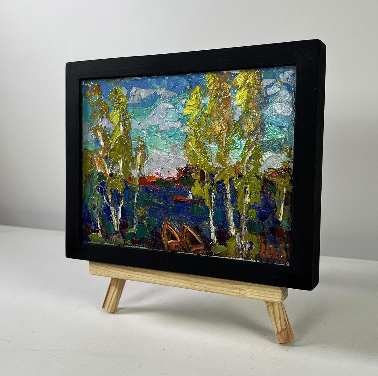 Oil painting The first leaves reflected in the water by Oksana Ivanyuk in black frame