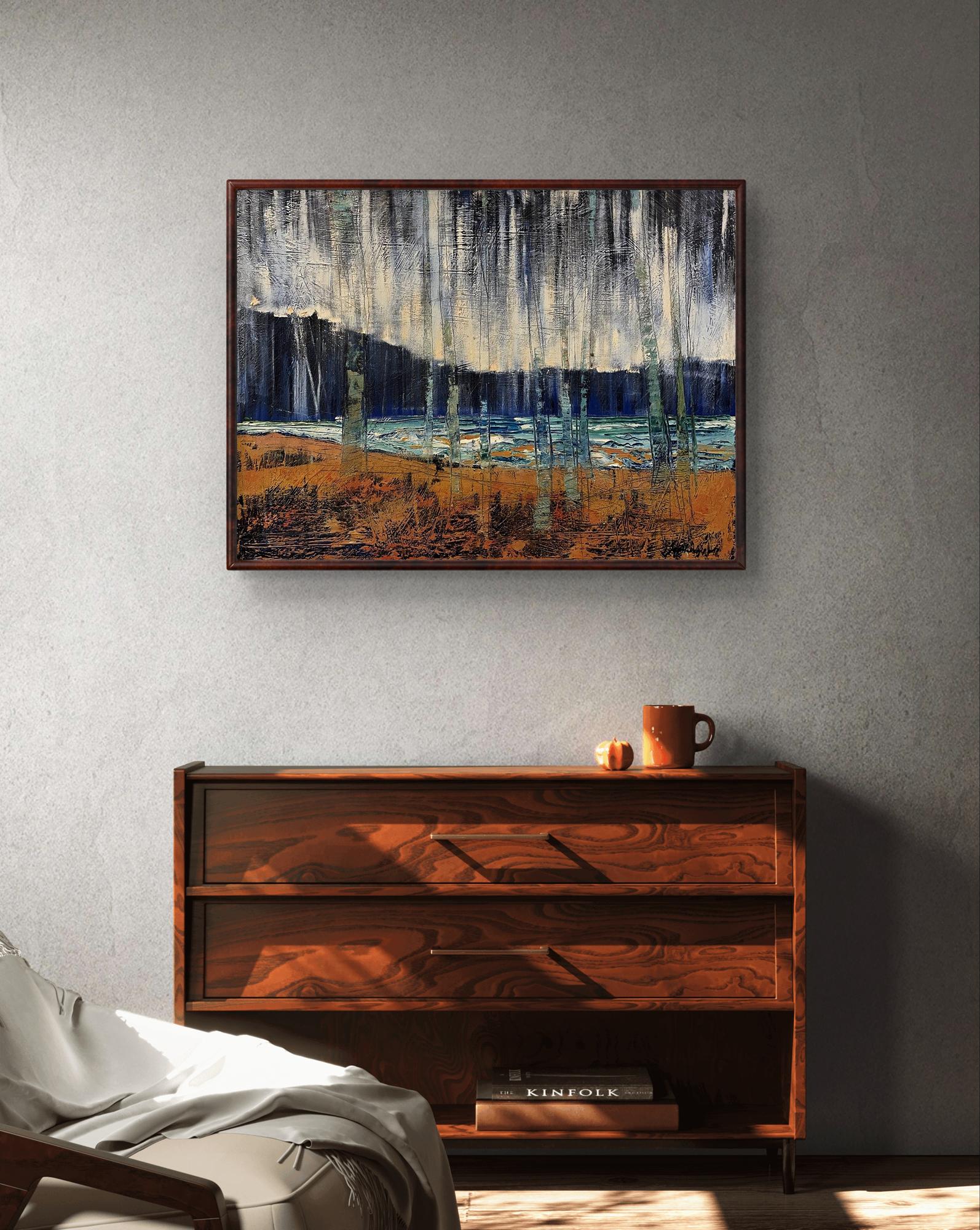 Oil painting Glass landscape by Serhiy Kovalev above wooden dresser