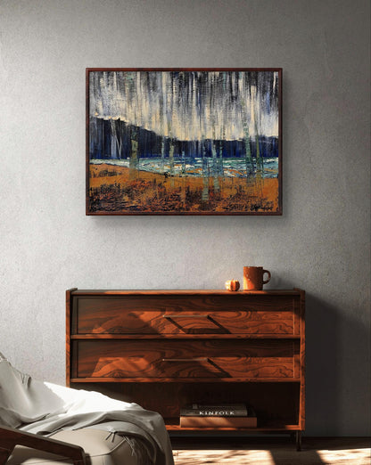 Oil painting Glass landscape by Serhiy Kovalev above wooden dresser