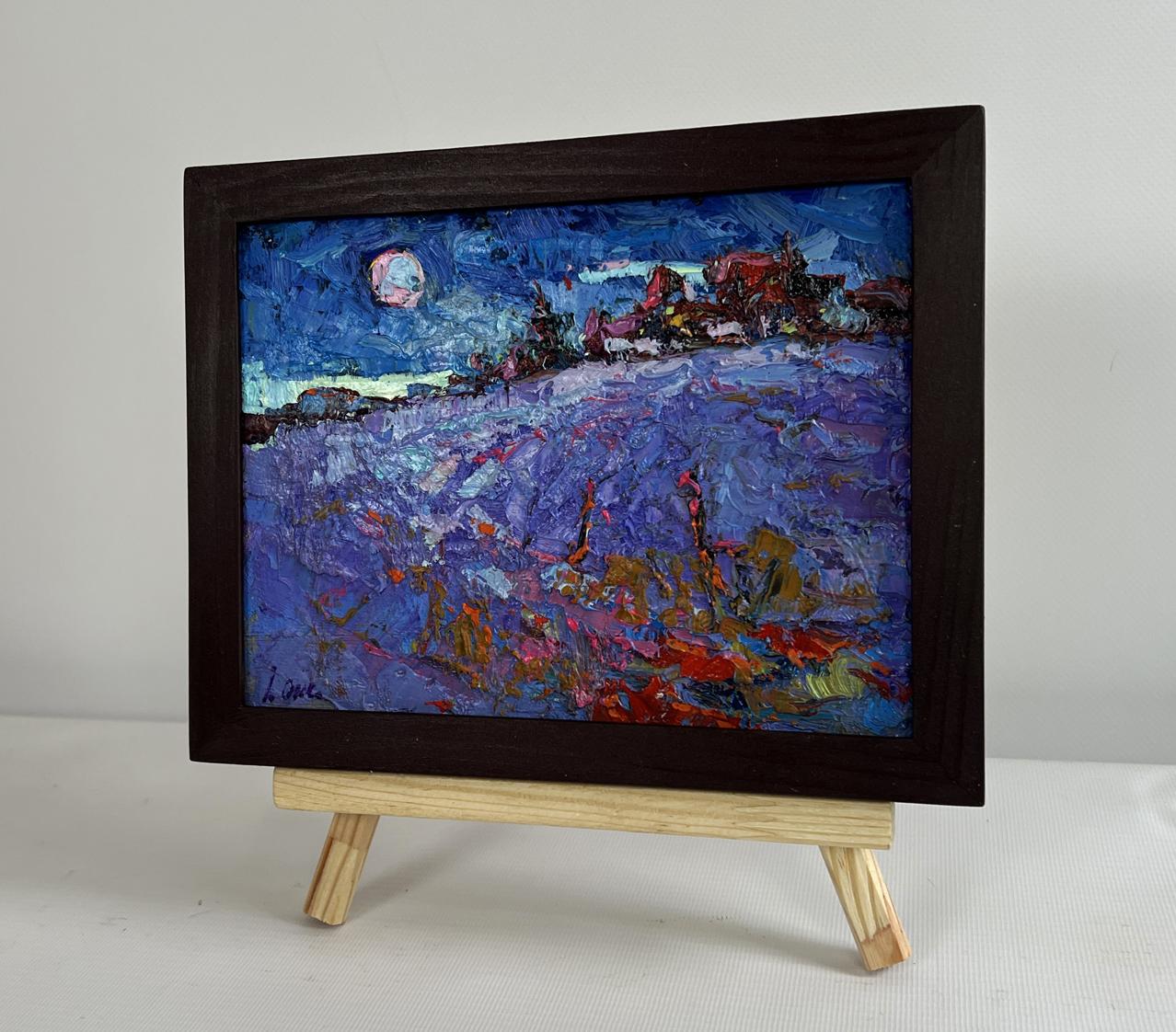 Framed oil painting of moonlit lavender field by Oksana Ivanyuk
