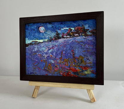 Framed oil painting of moonlit lavender field by Oksana Ivanyuk