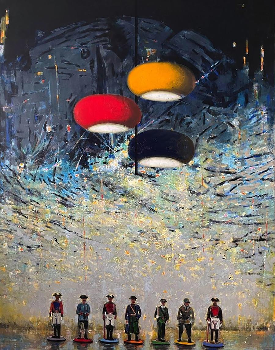 Oil painting by Juan Angel Gonzalez de la Calle with three dome pendant lights above figurines